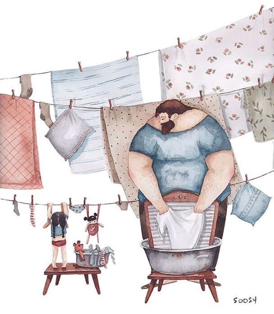 Ilustración de un padre y una hija tendiendo la ropa