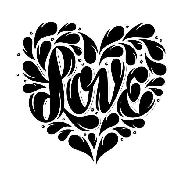 Diseño de corazón con hojas y la palabra love