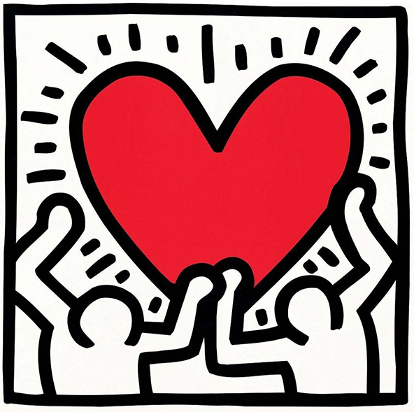 Obra de Keith Haring de dos personas sosteniendo un corazón