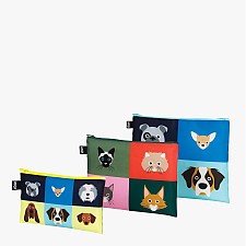 Set de tres bolsitas de tela con estampado de gatos y perros