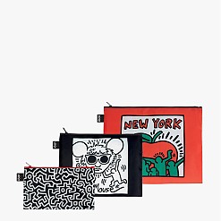 Set de tres bolsitas de tela estampadas con obras de Keith Haring