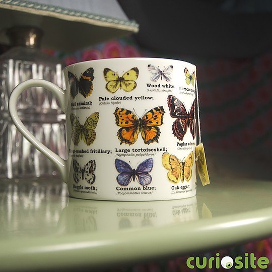 Una taza de porcelana llena de mariposas