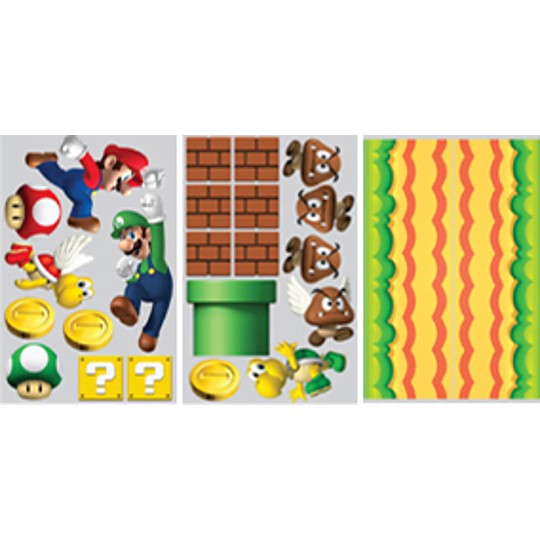 Incluye 24 pegatinas: Mario, Luigi, 2 setas, 2 tortugas, 4 setas marrones, 3 monedas, 2 interrogacionesn, 4 ladrillos, 1 alcantarilla, y 2 bases de césped y arena alargadas