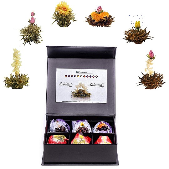 Caja de regalo con 6 flores de té blanco y negro
