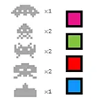 Hay 4 marcianos de 4 colores diferentes (azul, verde, rojo y rosa) y un misil rojo