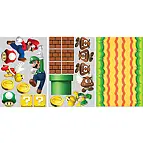 Incluye 24 pegatinas: Mario, Luigi, 2 setas, 2 tortugas, 4 setas marrones, 3 monedas, 2 interrogacionesn, 4 ladrillos, 1 alcantarilla, y 2 bases de césped y arena alargadas