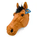 Cabeza de caballo de peluche para colgar en la pared.
