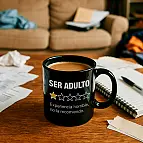 Una taza con reseña: Ser adulto, experiencia horrible no la recomiendo