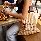 Tote bag de rayas con mensaje Sex, drugs and churros con chocolate
