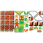 Se incluyen 36 pegatinas: 2 Super Mario, 1 Luigi, 12 ladrillos, 4 monedas, 2 tortugas, 1 estrella, 2 Nubes, 4 setas, 1 musgo, 4 cajas,  2 trozos de tubería y 1 planta carnívora.