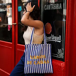Tote bag de rayas con mensaje Vamos de cañas