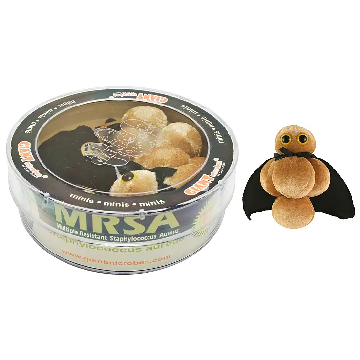 La caja redonda incluye 3 peluches de la bacteria MRSA