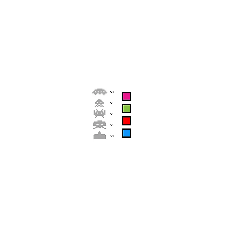 Hay 4 marcianos de 4 colores diferentes (azul, verde, rojo y rosa) y un misil rojo