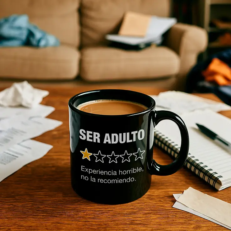 Una taza con reseña: Ser adulto, experiencia horrible no la recomiendo