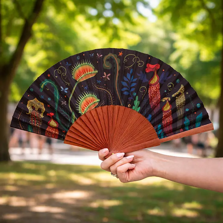 Abanico original con estampado de plantas carnívoras