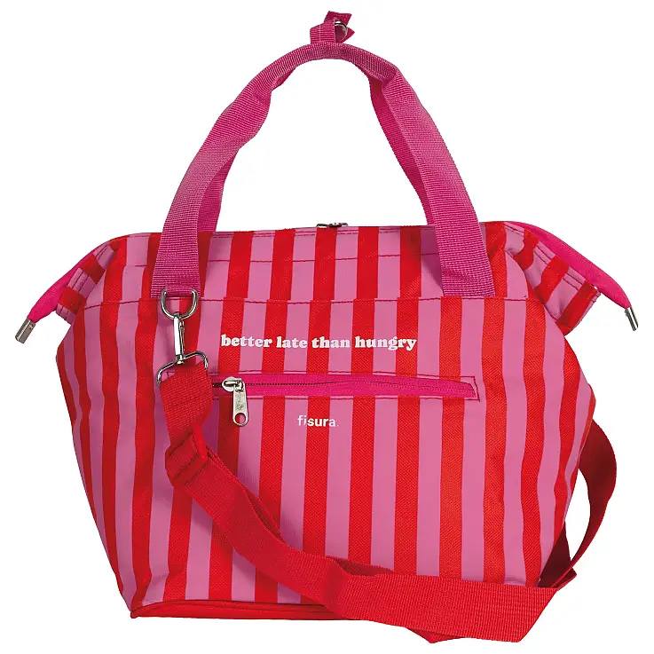 Diseño de rayas rosadas y rojas con el mensaje “Better late than hungry”
