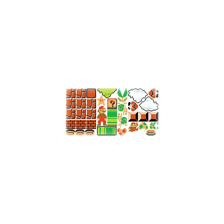 Se incluyen 36 pegatinas: 2 Super Mario, 1 Luigi, 12 ladrillos, 4 monedas, 2 tortugas, 1 estrella, 2 Nubes, 4 setas, 1 musgo, 4 cajas,  2 trozos de tubería y 1 planta carnívora.